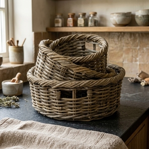 New Modern Minimalist Wholesale Set Of Three Natural Rattan Woven <b>Storage</b> <b>Baskets</b> Rustic Round <b>Wicker</b> Organizer Bins Cutout Rims - Product Image 3