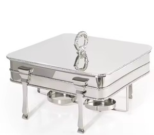 Recipiente para calentar comida premium, cuadrado, de acero inoxidable de grado alimenticio, con soporte de pilar acanalado y quemador doble, para buffet de hotel. - Product Image 1