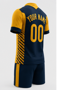 Ensemble de maillots de football personnalisés à col en V, bleu marine et jaune, imprimés par transfert thermique 3D, séchage rapide, respirant, polyester, manches courtes, unisexe, pour équipe - Product Image 6