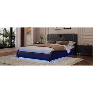 Stile King-Size, lussuoso, letto con plateau in ecopelle, addensato, testiera LED LED, altoparlanti Bluetooth, senza bisogno di una molla a scatola - Product Image 5