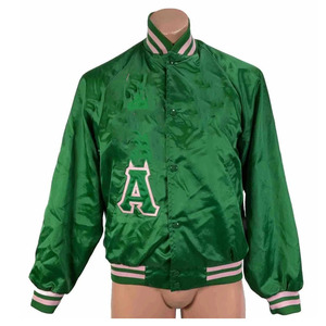 Green Satin <b>Varsity</b> <b>Jacket</b> <b>Men</b> Letterman <b>Bomber</b> Stand Collar Button Front Custom Logo Eco-Friendly Spring Outerwear - Product Image 1