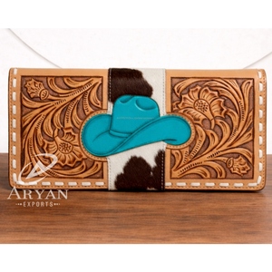 กระเป๋าหนังแท้ทำมือ ตกแต่งลายหนังวัวแบบมีขน พร้อมหมวกคาวบอยสีเทอร์ควอยซ์ สไตล์ตะวันตก กระเป๋าสตางค์ผู้หญิงแบบซิป - Product Image 1