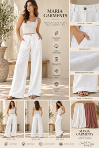 Trending Factory Direct Casual <b>Summer</b> White Tee & High Waist Solid Linen <b>Trousers</b> Two-Piece Set Bulk - Product Image 4