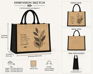 Natural Eco-Friendly Jute <b>Tote</b> <b>Bag</b> 12x16x6 Inches Cotton Padded Handle Be the <b>Change</b> Design - Product Image 2