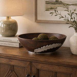 Premium Handcrafted Acacia Wooden Serving Bowl With Artistic <b>Silver</b> Feather Metal Detail Elegant Decorative <b>Table</b> Centerpiece - Product Image 3