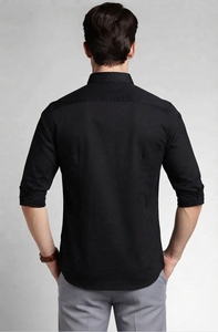 Men's <b>Black</b> <b>Button</b> Down <b>Dress</b> Shirt Three Quarter Sleeve Solid Poplin Cotton Anti-Wrinkle Smart Casual Autumn Wear - Product Image 2