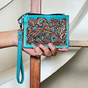 Hot Selling Hand Tooled Genuine Leather Floral Pattern Zipper Western Style <b>Credit</b> <b>Card</b> <b>Holder</b> Luxury Mini Unisex <b>For</b> Shopping - Product Image 2