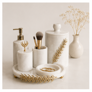 Ensemble d'accessoires de salle de bain en marbre blanc 5 pièces avec décor de branche d'olivier dorée, ensemble de vanité en pierre naturelle artisanale de qualité supérieure pour hôtels - Product Image 4