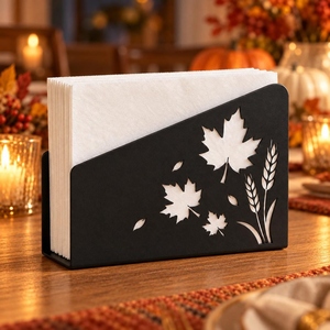 Support à serviettes en métal avec feuilles d'érable et tiges de blé découpées au laser, pour servir des serviettes en papier carrées blanches empilées sur le comptoir - Product Image 2