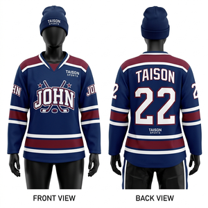 Maillot de hockey sur glace pour femmes 220GSM en polyester premium, maille de hockey bleue et blanche, panneaux aux épaules, manches rayées, logo personnalisé en twill. - Product Image 1