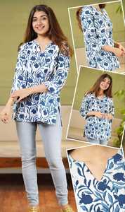 <b>Indian</b> Casual Wear Blue Cotton Kurta With White Floral Print Loose Fit Midi Casual Wear Short <b>Top</b> Kurti Style Digital Printing - Product Image 4