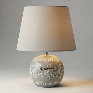 Luxury <b>Round</b> Bone Inlay <b>Table</b> Lamp with Beige Fabric Shade | Handcrafted Floral Inlay <b>Bedside</b> Lamp - Product Image 1