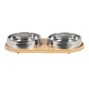 Gamelle moderne en bambou tressé avec double coupelle en acier inoxydable, écologique, pour chien et chat, mangeoire en bambou naturel pour intérieur - Product Image 1