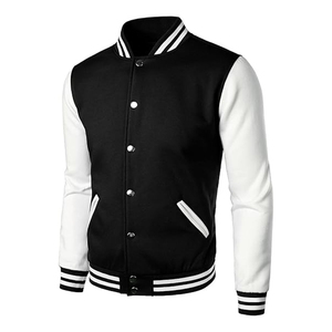 Custom Canvas Varsity <b>Jacket</b> Black Body <b>White</b> Sleeves Unisex Letterman <b>Jacket</b> Stand Ribbed Cuffs Hem Snap Button Baseball Coat - Product Image 2