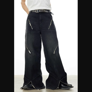 <b>Men's</b> Wide Leg Denim <b>Jeans</b> <b>High</b> <b>Waist</b> Loose Fit Stonewashed Cotton Streetwear Style With Zippers Autumn Wear - Product Image 6