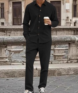 Men's Striped Cotton Shirt And <b>Pants</b> Set Turn-<b>down</b> Collar Casual Long Sleeve Spring Woven Fabric - Product Image 5
