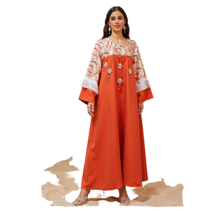 Women's Orange Abaya With Geometric Print And Beaded Embellishments Floor Length Modest <b>Dress</b> <b>For</b> Party And <b>Eid</b> Middle East - Product Image 6