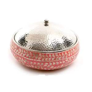 Bol décoratif artisanal en argent plaqué avec couvercle, motif Meenakari bleu, plat de service en métal pour fruits secs et bonbons, article cadeau - Product Image 2