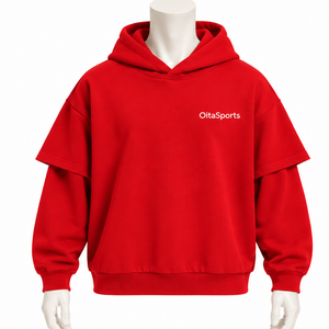 Custom Red Double Layer <b>Hoodie</b> Vintage Oversized <b>Short</b> <b>Sleeve</b> Overlay Long <b>Sleeve</b> Pullover Casual Streetwear Hooded Sweatshirt - Product Image 1