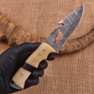 Cuchillo de Caza de Acero de Damasco con Punta Caída, Mango de Hueso, Funda de Cuero, Hoja Fija, Supervivencia al Aire Libre, Táctico, OEM - Product Image 3