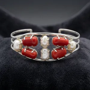 Bracelet manchette en argent sterling 925 véritable avec perles de corail rouge naturel et perles d'eau douce, jonc ouvert, bijoux fantaisie pour femme - Product Image 2