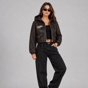 High Quality Women's Genuine Leather <b>Jacket</b> Resilient Material Quilted PU Leather Hooded <b>Jacket</b> Short Puff Sleeve Stylish <b>Jacket</b> - Product Image 3