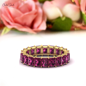 <b>Top</b> Product Natural 4x3mm Octagon Cut Rhodolite Garnet Eternity Gemstone Band with 14k Solid Yellow Gold <b>Wedding</b> Engagement Ring - Product Image 1