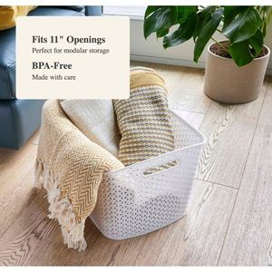 XL Curved Decorative Storage <b>Basket</b> Y Weave White <b>Plastic</b> Bin Nesting Cut Out Handles 11\" Cube Compatible Woven <b>Baskets</b> - Product Image 5