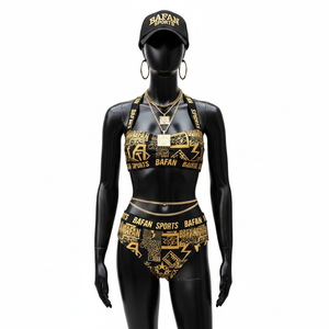 Conjunto de bikini de poli spandex de alta calidad, 190 GSM, negro y dorado, tela elástica con estampado completo, logotipo personalizado, para mujer. - Product Image 5