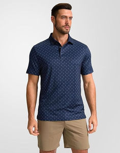 Men's Navy Blue Short Sleeve Polo <b>Shirt</b> With White Pattern Print Regular Fit Casual Knitted Breathable <b>100</b>% <b>Polyester</b> - Product Image 2
