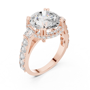 Anillo de Halo con Diamante Moissanite de Corte Brillante Redondo - Anillo de Boda de Oro Rosa de 14K sobre Plata con Piedras Laterales Baguette para Ella - Product Image 3