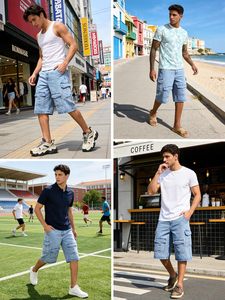 Men's Light Blue Denim Cargo Shorts Mid Waist Button Fly Casual Bermuda Style With Pockets Breathable Cotton Fabric - Product Image 5