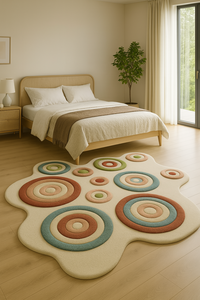 Tapis en laine moderne fait main, blanc, avec motif de cercles multicolores, écologique, pour la maison et les pique-niques - Product Image 3