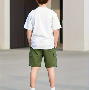 New Summer 2pcs Casual Boys' Cargo Shorts Set White Short Sleeve T-shirt Army Green Multi-Pocket Shorts (Breathable Quick-Dry) - Product Image 3