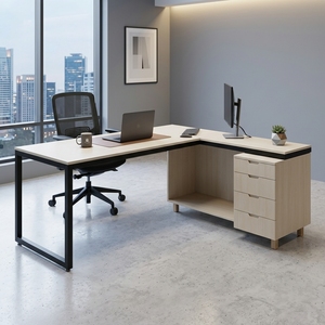 Escritorio Ejecutivo Moderno en Forma de L con Estructura Metálica, Almacenamiento Abierto, Cajones en el Pedestal, Superficie de Madera Clara, Estación de Trabajo para Computadora de Oficina en Esquina - Product Image 3