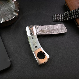 Handmade D2 Cigar Cutter Pocket <b>Knife</b> Blue Wood <b>Handle</b> Stylish With Leather Sheath - Product Image 6