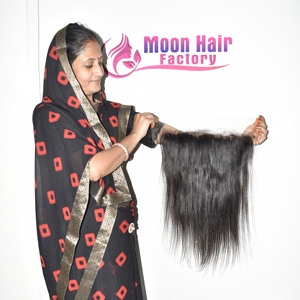Extensions de cheveux humains Remy indiens HD 13x6 lisses, base en maille transparente, mèches plates soyeuses, couleur noir naturel - Product Image 6