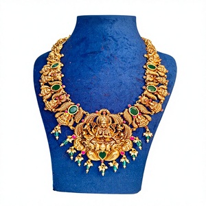 Conjunto de Joyería Vintage Antiguo de Oro con Piedra Lakshmi, Estilo Templo, Tradicional del Sur de la India, para Novia, Fiesta de Compromiso, Collar Mate - Product Image 1
