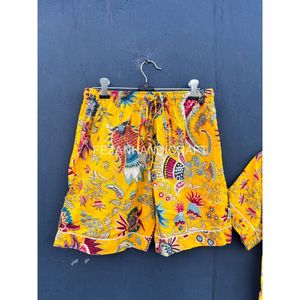 Ensemble chemise et short en coton imprimé Paisley jaune pour femmes, tenue d'été décontractée, coupe régulière, col rabattu - Product Image 2