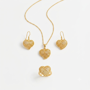 Luxury Heart Design Brass Antique Gold Plated Pendant <b>Necklace</b> Set with Matching Earrings <b>Ring</b> Women's Fashion Jewelry Gift Set - Product Image 3