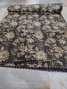 Floral Printed Cotton Blanket Black fabric print Reversible Kantha Quilt <b>Bedspread</b> Women Adult Home Decor Gift for her - Product Image 3