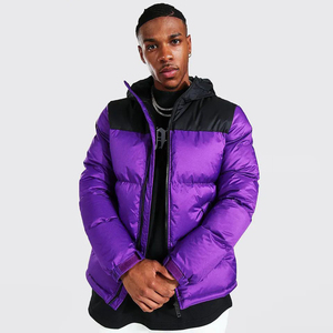 <b>Men's</b> <b>Purple</b> Hooded Puffer Jacket Color Blocking Windproof Zipper Closure Streetwear Winter Outerwear - Product Image 1