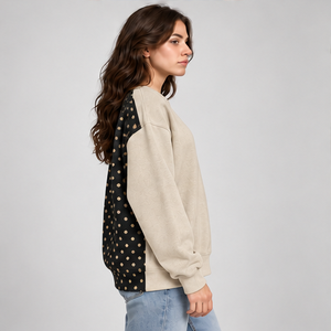 Sudadera Casual de Mujer con Cuello Redondo y Hombros Caídos, Diseño de Puntos Bicolor Beige y Negro, Manga Larga, Estilo Universitario, Venta al por Mayor Personalizada - Product Image 3