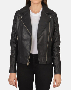 Blouson moto matelassé en cuir véritable haute performance pour femme, manches longues, fermeture éclair, col rabattable, style automne, prix abordable - Product Image 3