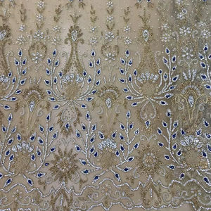 Tissu élégant bleu en forme de goutte d'eau avec perles de cristal et sequins dorés, dentelle en maille faite à la main pour robes de bal, robes de célébrités, accessoires de mariage - Product Image 1