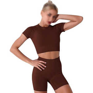 Ensemble de yoga 2 pièces pour femme, taille haute, sans couture, crop top et short, couleur unie, vêtements de sport, Spandex Polyester, col rond, manches courtes - Product Image 4