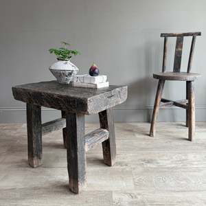Table d'appoint antique en olivier Elsie, tabouret bas rustique en bois massif, piédestal d'appoint, meuble de salon vintage style ferme Wabi Sabi, décoration - Product Image 2