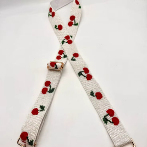 Sangle de sac brodée de cerises et perlée pour femme, en toile blanche, réglable, à porter à l'épaule - Product Image 1