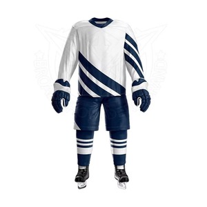 Conjunto de Uniforme de Hockey sobre Hielo Personalizado, Diseño de Rayas Diagonales Blancas y Azul Marino, Jersey Sublimado, Pantalones Cortos, Guantes, Kit Completo OEM - Product Image 1