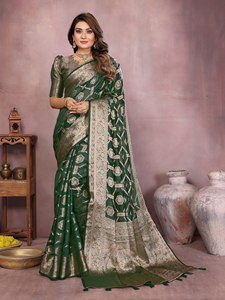 Heritage Soft Organza Silk Ethnic Saree With Woven Butti Pattern Gold Zari Border Unstitched Blouse Regional Clothing - Product Image 1